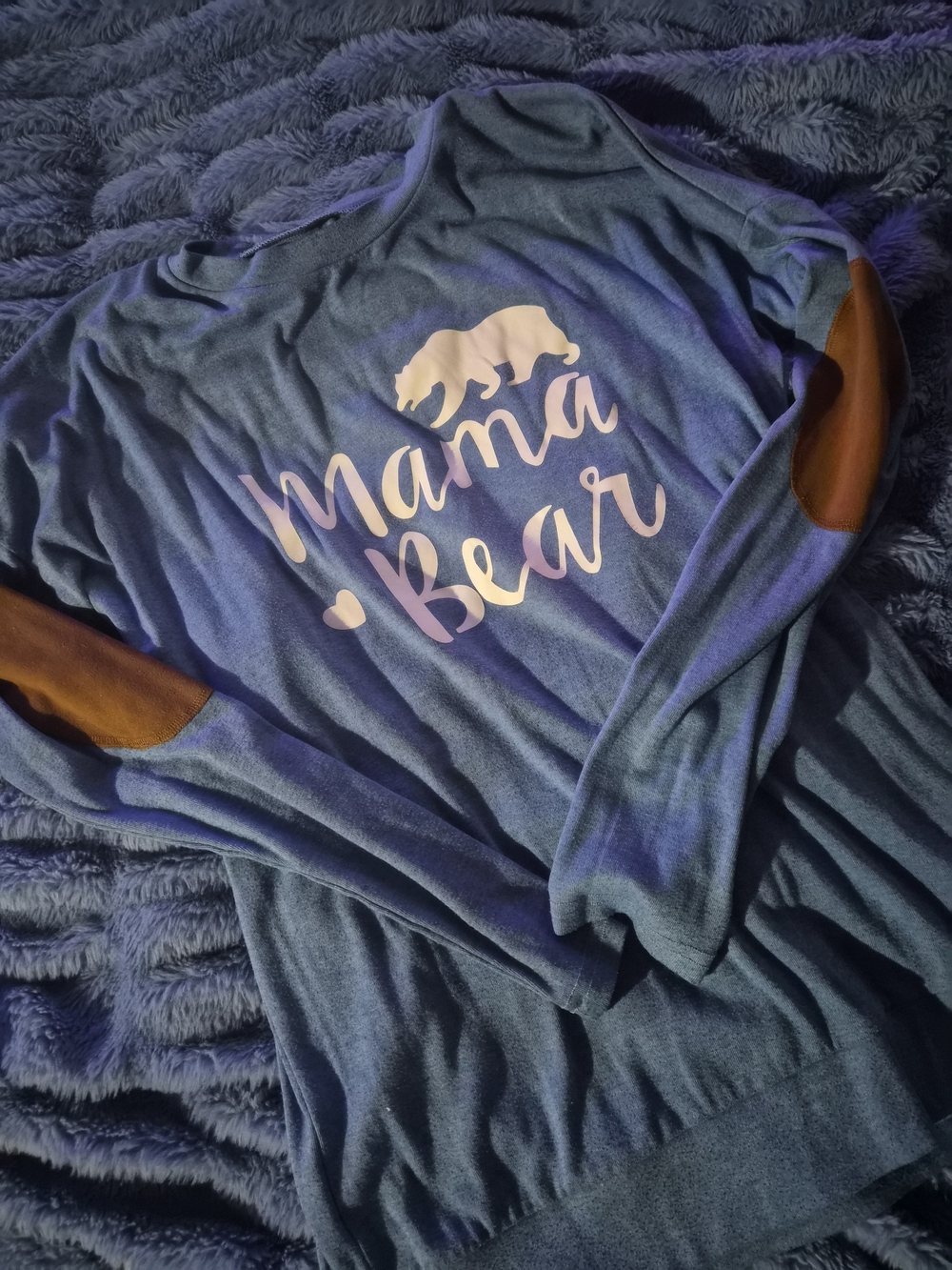 Mama Bear Graphic Pullover Sweater - Blue with Brown Elbow Patches